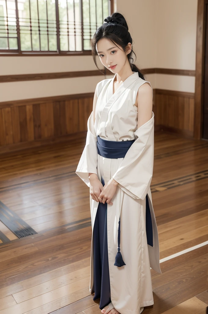 (((best quality))),(((ultra detailed))),(((masterpiece))),illustration,1girl,solo,tonogui,short ponytail,slim,thin,small breasts,flat chest,white collar,white kendogi,three-quarter sleeves,maxi navy-blue kendo hakama,slender legs,standing in kendo gym,(holding a bokuto:1.3),arms behind back,focused and determined expression,ready for challenge,slender and elegant face,confident and resilient,fair skin,blush,neat teeth,bright smile,clean and tidy uniform,wooden gym floor,wall,pine scent,standard grip,ready to slice through obstacles,strong belief,determination,spirit of resilience,admiring,from front,full body,bare feet