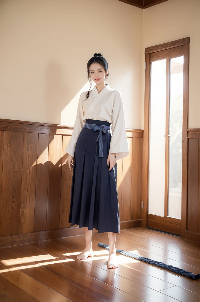 (((best quality))),(((ultra detailed))),(((masterpiece))),illustration,1girl,solo,tonogui,short ponytail,slim,thin,small breasts,flat chest,white collar,white kendogi,three-quarter sleeves,maxi navy-blue kendo hakama,slender legs,standing in kendo gym,(holding a bokuto:1.3),arms behind back,focused and determined expression,ready for challenge,slender and elegant face,confident and resilient,fair skin,blush,neat teeth,bright smile,clean and tidy uniform,wooden gym floor,wall,pine scent,standard grip,ready to slice through obstacles,strong belief,determination,spirit of resilience,admiring,from front,full body,bare feet