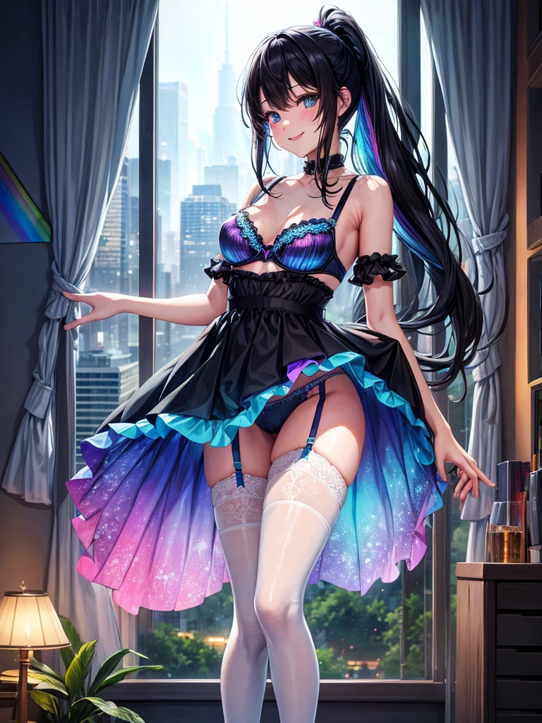 Highest quality,Highest Resolution,４K quality,Underwear looking at city night view outside large window in modern bedroom((Rainbow Gradient色))のsmileの１Profile of a woman,((Black hair ponytail)),Dark room,Rainbow Gradientセクシーランジェリー,Many water drops on the window,garter belt,High leg,((Iridescent underwear))Knee-high stockings,smile,Landscape,Colorful eyeballs,Small bra{((Underwear color))Rainbow Gradient,