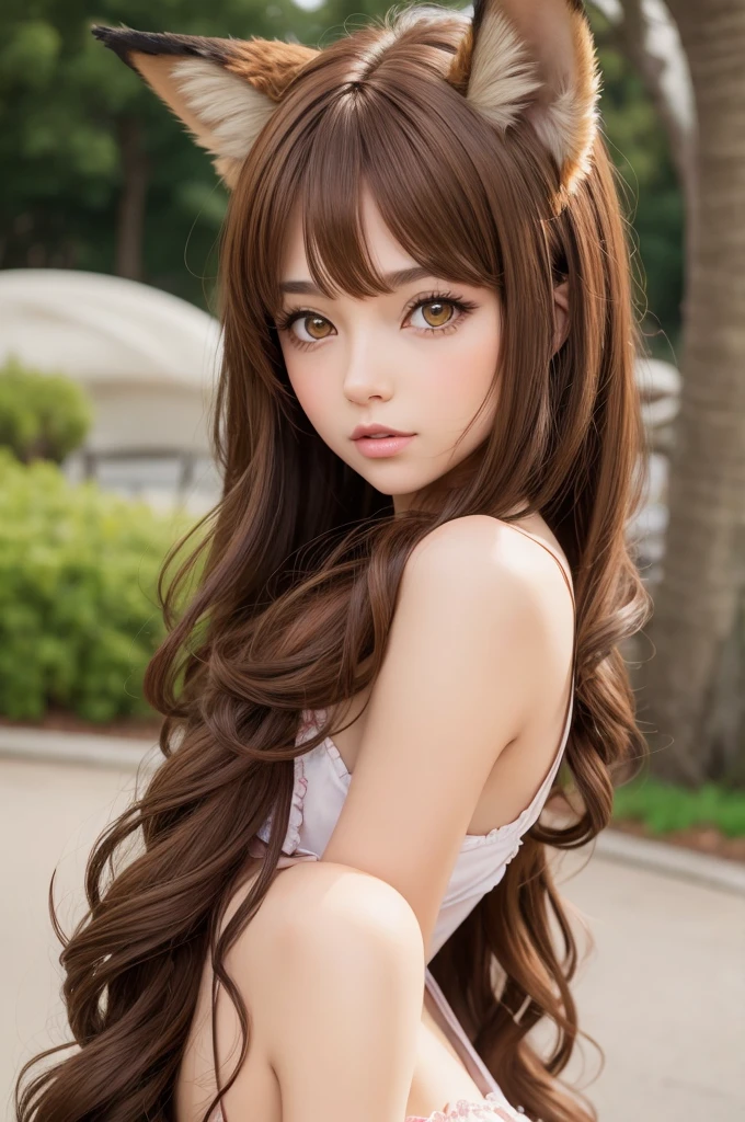 Girl, brunette, amber eyes, brown curly hair, fox ears and tail, anime style