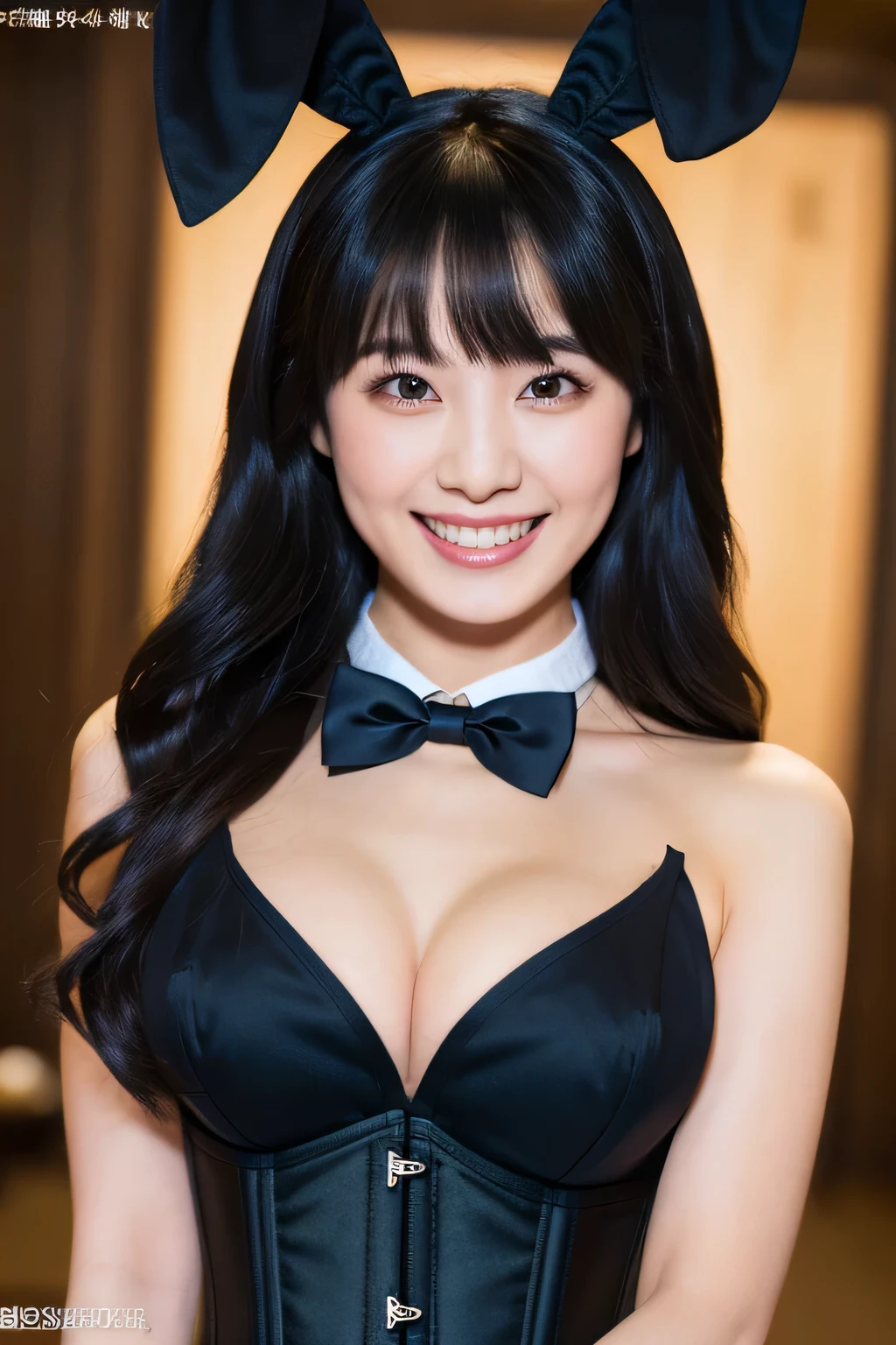 (8k, best quality, masterpiece:1.3), A Japanese beauty is seducing in the form of a black bunny girl, rabbit ears_bluck, Bunny suit, corset, bow tie, high cut, grin, long hair, hime cut, (huge breasts:1.2),
