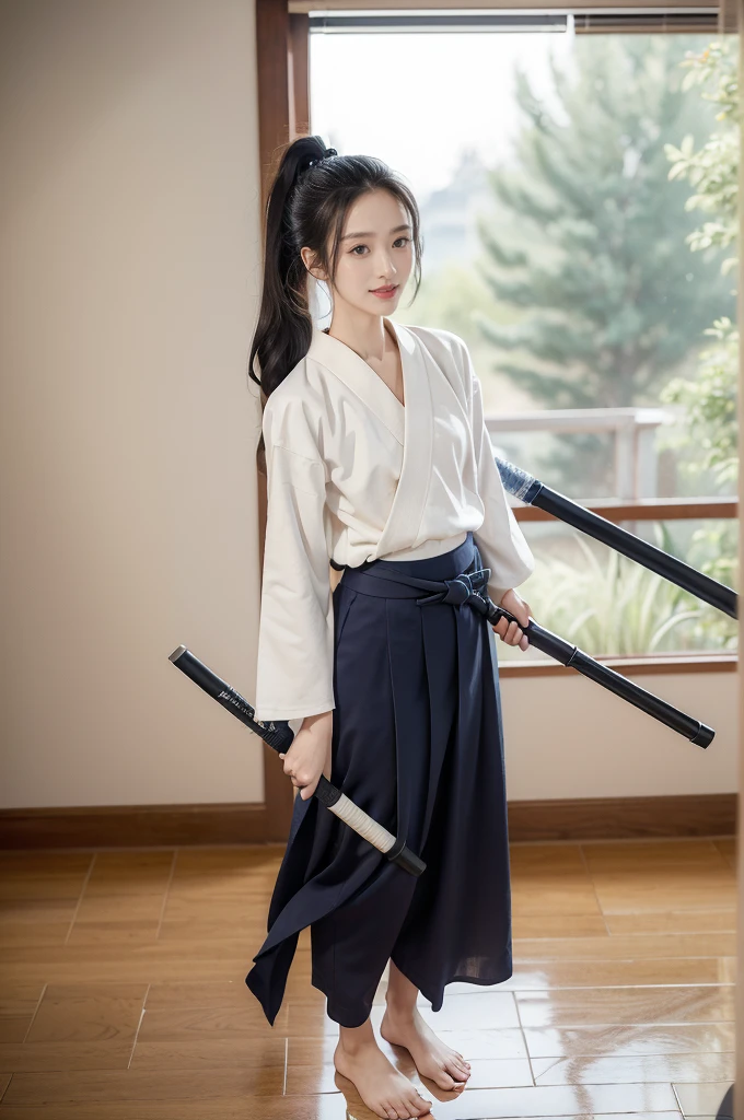 (((best quality))),(((ultra detailed))),(((masterpiece))),illustration,1girl,solo,tonogui,short ponytail,slim,thin,small breasts,flat chest,white collar,white kendogi,three-quarter sleeves,maxi navy-blue kendo hakama,slender legs,standing in kendo gym,(holding a bokuto in hand:1.3),arms behind back,focused and determined expression,ready for challenge,slender and elegant face,confident and resilient,fair skin,blush,neat teeth,bright smile,clean and tidy uniform,wooden gym floor,wall,pine scent,standard grip,ready to slice through obstacles,strong belief,determination,spirit of resilience,admiring,from front,full body,bare feet