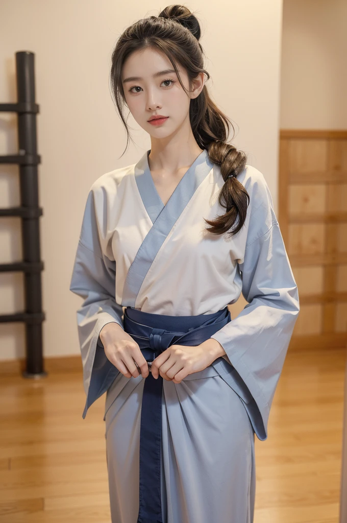 (((best quality))),(((ultra detailed))),(((masterpiece))),illustration,1girl,solo,tonogui,short ponytail,slim,thin,small breasts,flat chest,white collar,white kendogi,three-quarter sleeves,maxi navy-blue kendo hakama,slender legs,standing in kendo gym,(holding a bokuto in hand:1.3),arms behind back,focused and determined expression,ready for challenge,slender and elegant face,confident and resilient,fair skin,blush,neat teeth,bright smile,clean and tidy uniform,wooden gym floor,wall,pine scent,standard grip,ready to slice through obstacles,strong belief,determination,spirit of resilience,admiring,from front,full body,bare feet