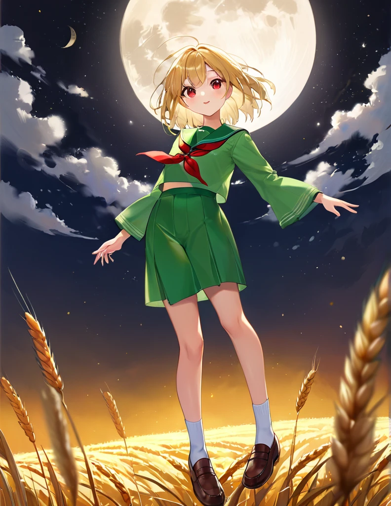 Highest quality, masterpiece, Ultra-high resolution, One girl,
blondes、Smooth Hair、Two-tone hair、Bobcut、Red Eyes、Sparkling Eyes、Detailed eyes、Slanted Eyes、Tanned, wheat-colored skin、Brown Skin、Traditional deep green sailor suit、White socks、loafers、whole body、Low - Angle、Fanning angles、Fantastic scene、Standing with your legs apart、Arms crossed、Confident expression、A fantastic atmosphere、full moon、White Moon