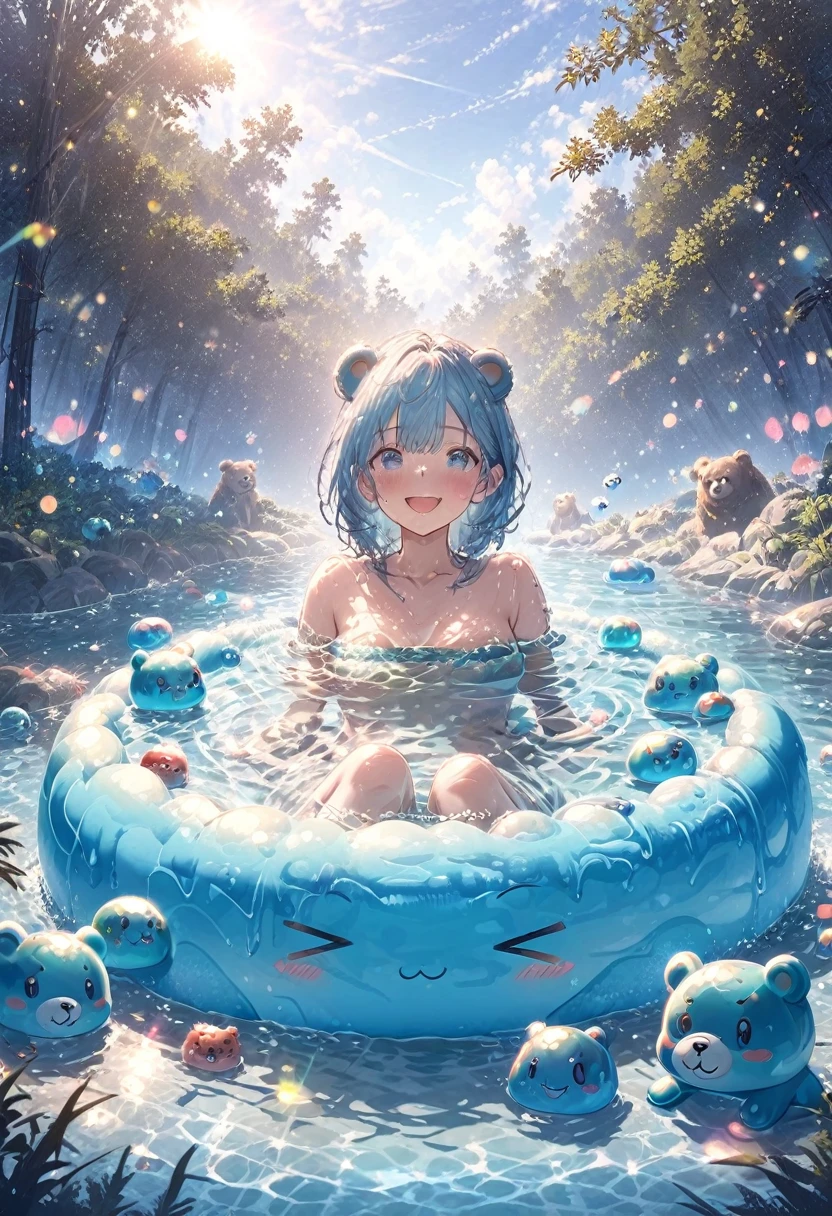 One person, Waterside in the forest、Sit with your feet in the water、Enjoying a bath with slime、bear, Sit on the ground, Clear blue sky、Bokeh, depth、Fun Expressions、Portrait、Lens flare、Detailed illustrations、Realistic depiction