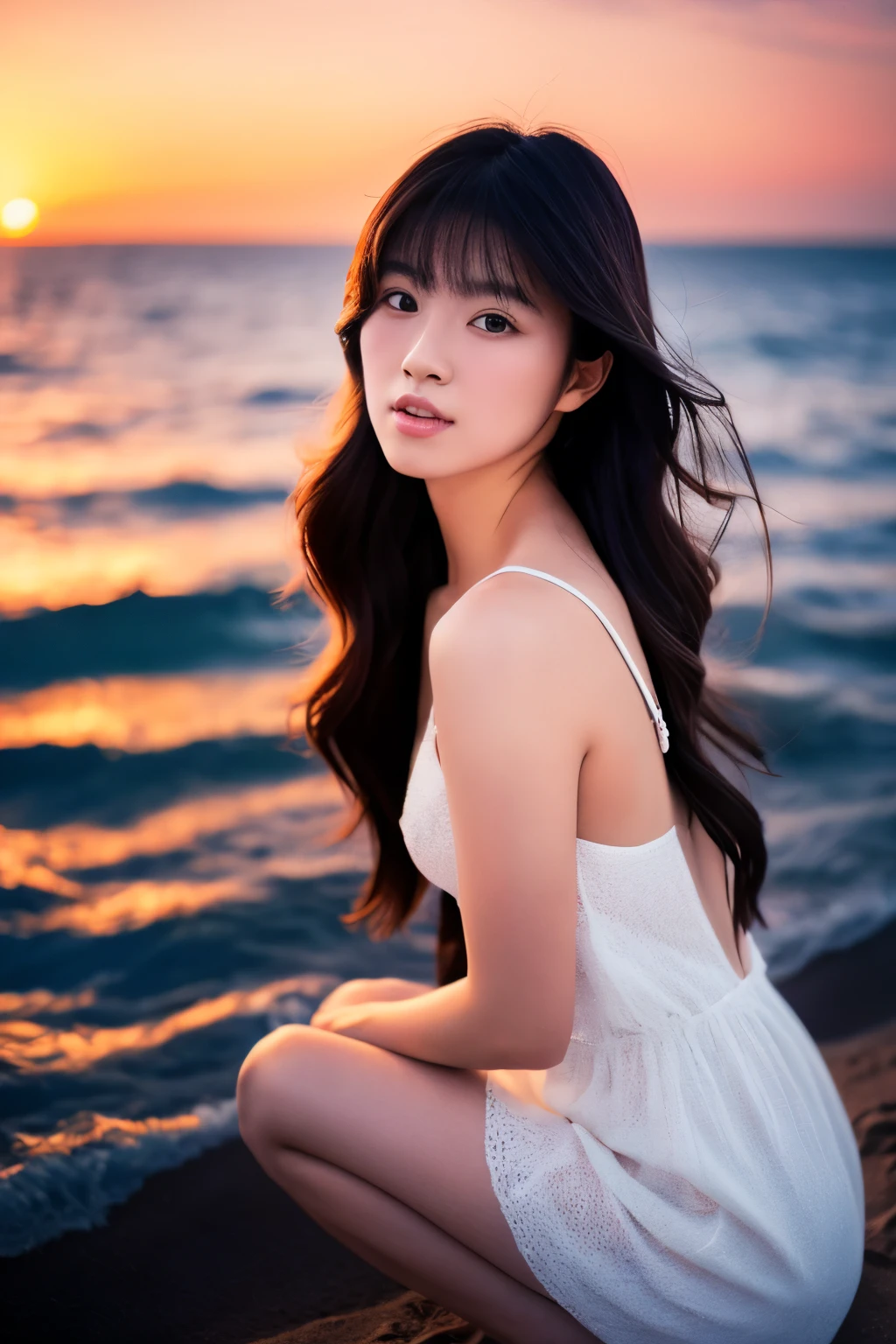 Create a high-quality, hyper-realistic portrait of a very beautiful Japanese idol. She is wearing a clean white summer dress and is squatting on the beach during sunset at sea. The deep indigo of the night sky contrasts with the last vestiges of crimson near the horizon, with swaying waves in the background. The girl has semi-long hair and a slender body with small breasts. The photo should capture her with detailed eyes, a detailed face, and a beautiful, sophisticated nose. The image should have a realistic, delicate, and finely detailed quality, suitable for a fashion magazine cover. Use cinema lighting and soft light to enhance her features. Ensure the photo is of the highest quality, with a resolution of 8K, making it perfect for a 2K wallpaper.