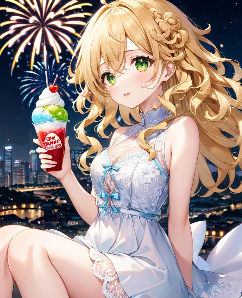 (masterpiece, best quality:1.2), (absurdres, highres, ultra-detailed), (perfect anatomy), 
Cute Girls、Sitting、Holding in hand、shaved ice、Blonde、Curly long hair、Yellow-green eyes、White dress、Background sparkling fireworks、night、heart、

(8K, RAW photo:1.2),detailed face and eyes,intricate detail ,masterpiece ,sharp focus, high quality,BREAK,rating: general, newest