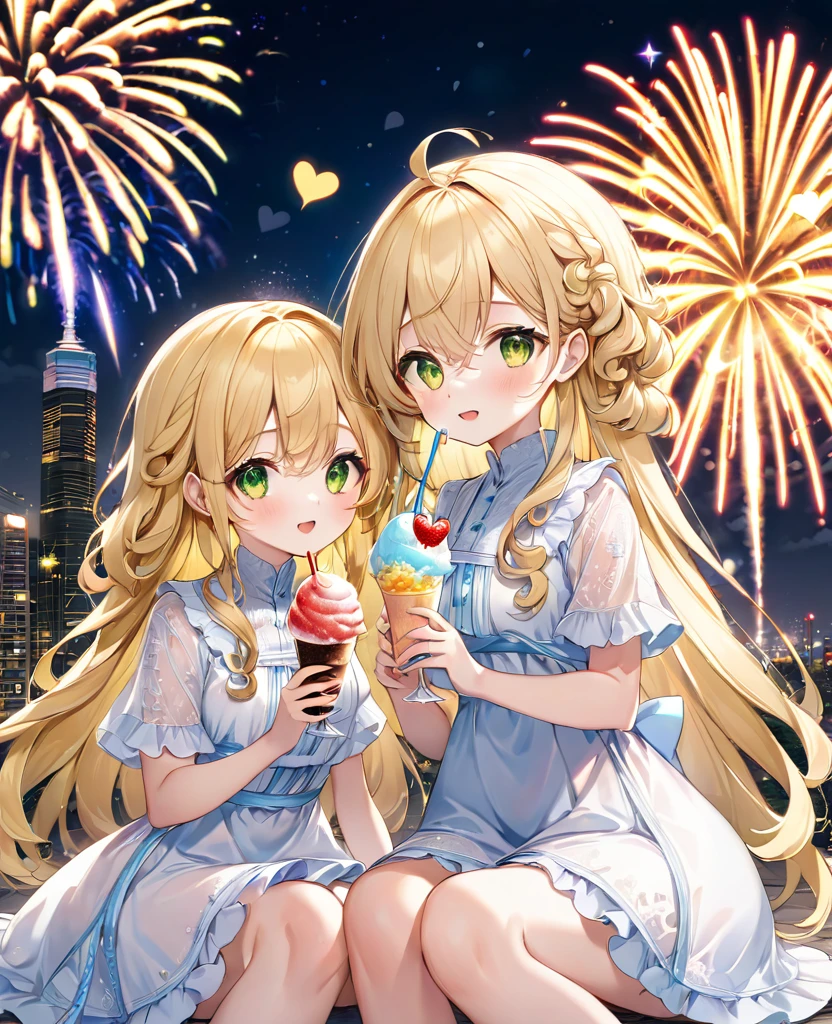 (masterpiece, best quality:1.2), (absurdres, highres, ultra-detailed), (perfect anatomy), 
Cute Girls、Sitting、Holding in hand、shaved ice、Blonde、Curly long hair、Yellow-green eyes、White dress、Background sparkling fireworks、night、heart、

(8K, RAW photo:1.2),detailed face and eyes,intricate detail ,masterpiece ,sharp focus, high quality,BREAK,rating: general, newest