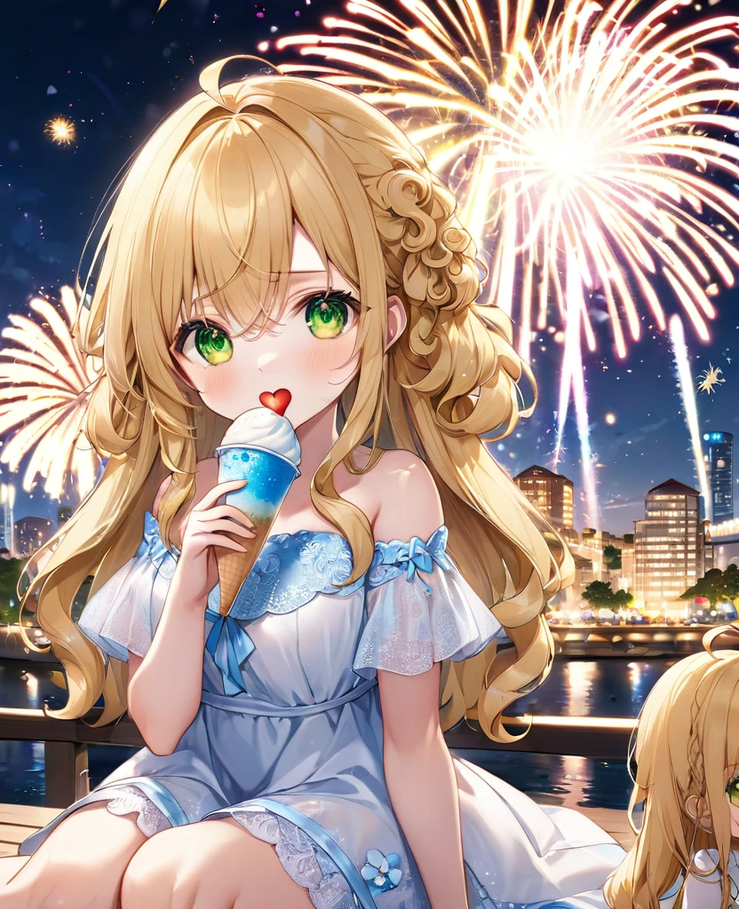 (masterpiece, best quality:1.2), (absurdres, highres, ultra-detailed), (perfect anatomy), 
Cute Girls、Sitting、Holding in hand、shaved ice、Blonde、Curly long hair、Yellow-green eyes、White dress、Background sparkling fireworks、night、heart、

(8K, RAW photo:1.2),detailed face and eyes,intricate detail ,masterpiece ,sharp focus, high quality,BREAK,rating: general, newest