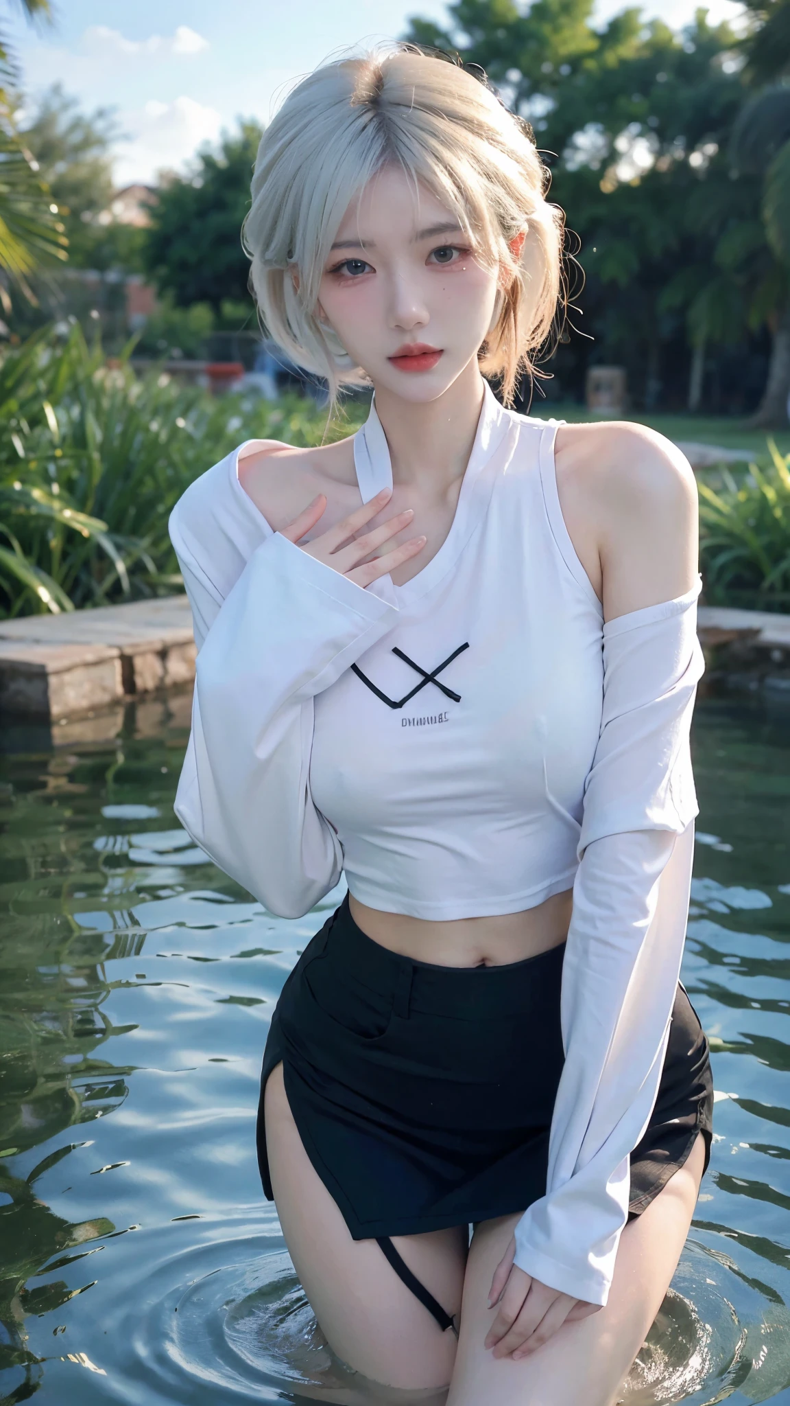 Beautiful woman with perfect figure:1.4,Swimming background,Desert Background,Ultra-high resolution,Seductive laughter,wear glasses,White legs,(lifelike:1.4),Layered Hairstyle,White皮肤,Black mini pleated skirt,whole body,Very delicate face and skin texture,Double eyelids,Skin Whitening,Long hair,White hair,White,