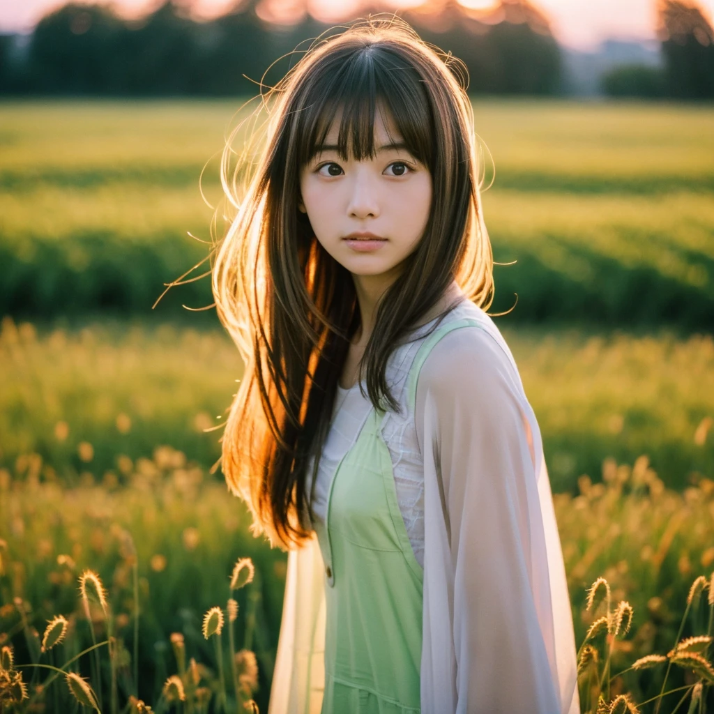 Japanese beautiful girl, Embarrassed look, figure, (Highest quality, Super detailed), front、Gentle lighting, Flowing Hair,one piece、 Delicate features, Dreamy atmosphere、Analog Film Photography、20-year-old、80'、サイバーパンクWindローファイアニメーション、Wind, sunset, Wheat field,