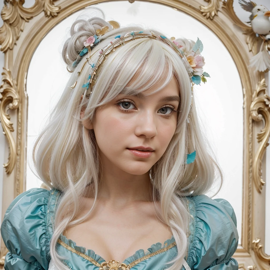 Create a striking portrait of a Baroque period woman with soft, almost white skin. She wears an exaggerated large white powdered Baroque high wig adorned with colorful Victorian birds nesting in her hair. The wig features vivid blue, green, and pink birds perched on it, as if in a nest. Golden musical notes are also scattered throughout her hair Create a striking portrait image of a Baroque period woman, she has soft, almost white skin on her face, a delicate Baroque ethereal woman, wearing an exaggerated large white powdered Baroque high wig on her head. In hair only 3 smal colourfull victorian birds singing spring song The wig features a decoration in the form of a small victorian birds that sited donn on wig as in a nest. and few golden notes musical symbol are in the hair too. We see her in profile, very focused, facing forward with her eyes half open, exuding deep thoughtfulness and serenity but she smiles, the corners of her delicate but full lips are smiling as if she