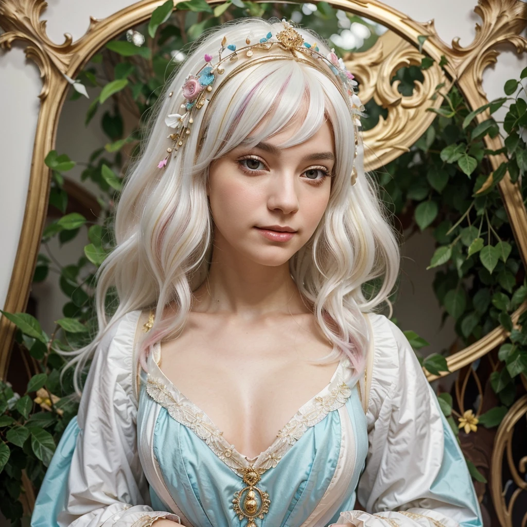 Create a striking portrait of a Baroque period woman with soft, almost white skin. She wears an exaggerated large white powdered Baroque high wig adorned with colorful Victorian birds nesting in her hair. The wig features vivid blue, green, and pink birds perched on it, as if in a nest. Golden musical notes are also scattered throughout her hair Create a striking portrait image of a Baroque period woman, she has soft, almost white skin on her face, a delicate Baroque ethereal woman, wearing an exaggerated large white powdered Baroque high wig on her head. In hair only 3 smal colourfull victorian birds singing spring song The wig features a decoration in the form of a small victorian birds that sited donn on wig as in a nest. and few golden notes musical symbol are in the hair too. We see her in profile, very focused, facing forward with her eyes half open, exuding deep thoughtfulness and serenity but she smiles, the corners of her delicate but full lips are smiling as if she