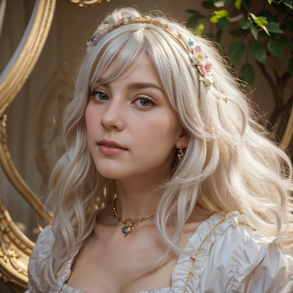 Create a striking portrait of a Baroque period woman with soft, almost white skin. She wears an exaggerated large white powdered Baroque high wig adorned with colorful Victorian birds nesting in her hair. The wig features vivid blue, green, and pink birds perched on it, as if in a nest. Golden musical notes are also scattered throughout her hair Create a striking portrait image of a Baroque period woman, she has soft, almost white skin on her face, a delicate Baroque ethereal woman, wearing an exaggerated large white powdered Baroque high wig on her head. In hair only 3 smal colourfull victorian birds singing spring song The wig features a decoration in the form of a small victorian birds that sited donn on wig as in a nest. and few golden notes musical symbol are in the hair too. We see her in profile, very focused, facing forward with her eyes half open, exuding deep thoughtfulness and serenity but she smiles, the corners of her delicate but full lips are smiling as if she