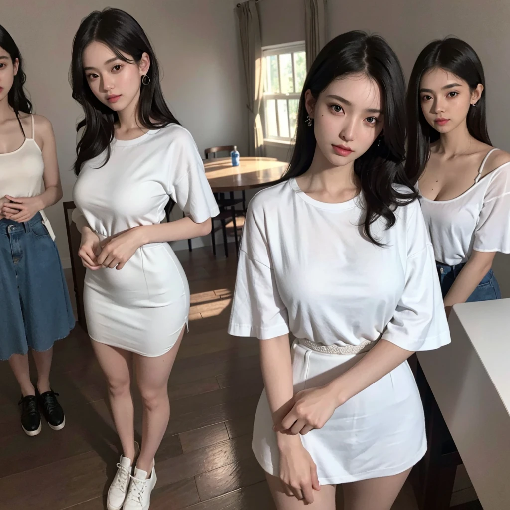 absurdres, RAW photo, extremely delicate and beautiful, masterpiece, Best Quality, ultra high resolution, 32k, hyperrealistic, ultra-detailed, Very detailed CG 8k wallpaper, Beautiful Lighting, Perfect Lightning, Realistic Shadows, perfect anatomy, super Detailed skin, late 20s, very Slim body, narrow waist, very small head, handsome detailed woman, very detailed eyes and face, realistic face proportions, Stunning detailed eyes, Realistic beautiful face, very small face, Realistic small beautiful eyes, tearful mole, earring, beautiful and very thin legs, beautiful and very thin thighs, (very huge round breasts:1.4), medium hair, wavy hair, black hair, (full body shot:1.5), (3 girls:1.5), (white shirt:1.2), brown skirt,