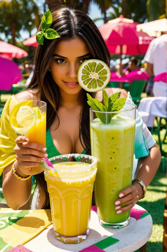 A real pretty woman with Latin features around a green area drinking a passion fruit slushy decorated with candy in a slushy glass