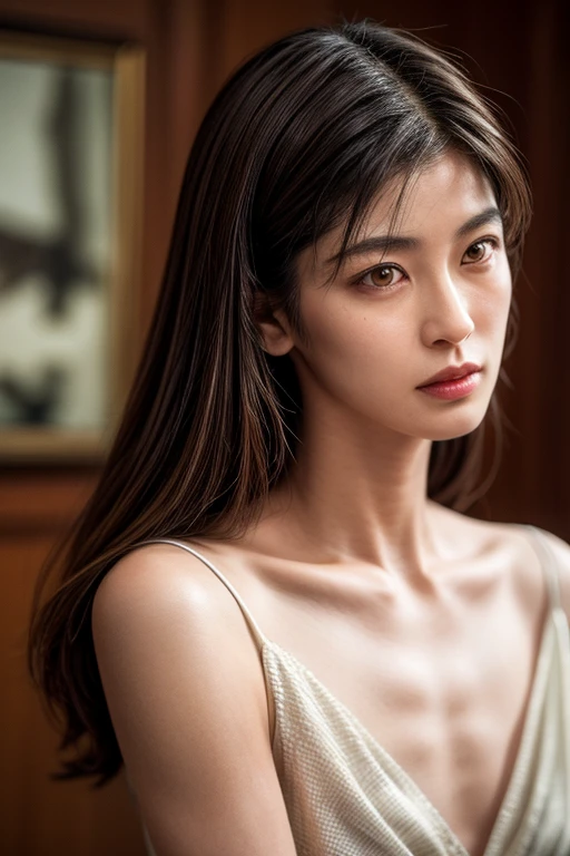 (realistic, photo-realistic:1.4),(masterpiece, best quality:1.2), RAW photo, high resolution, intricate details, extremely detailed, realistic and sharp details, cinematic lighting, portrait, frontal photography, solo, 1girl, a Japanese woman, dark hair, slender body, detailed face, detailed eyes, sophisticated nose, pale skin, collarbone, (smaller breasts, flat chest), photo background, indoors,,,[Chisato Moritaka]