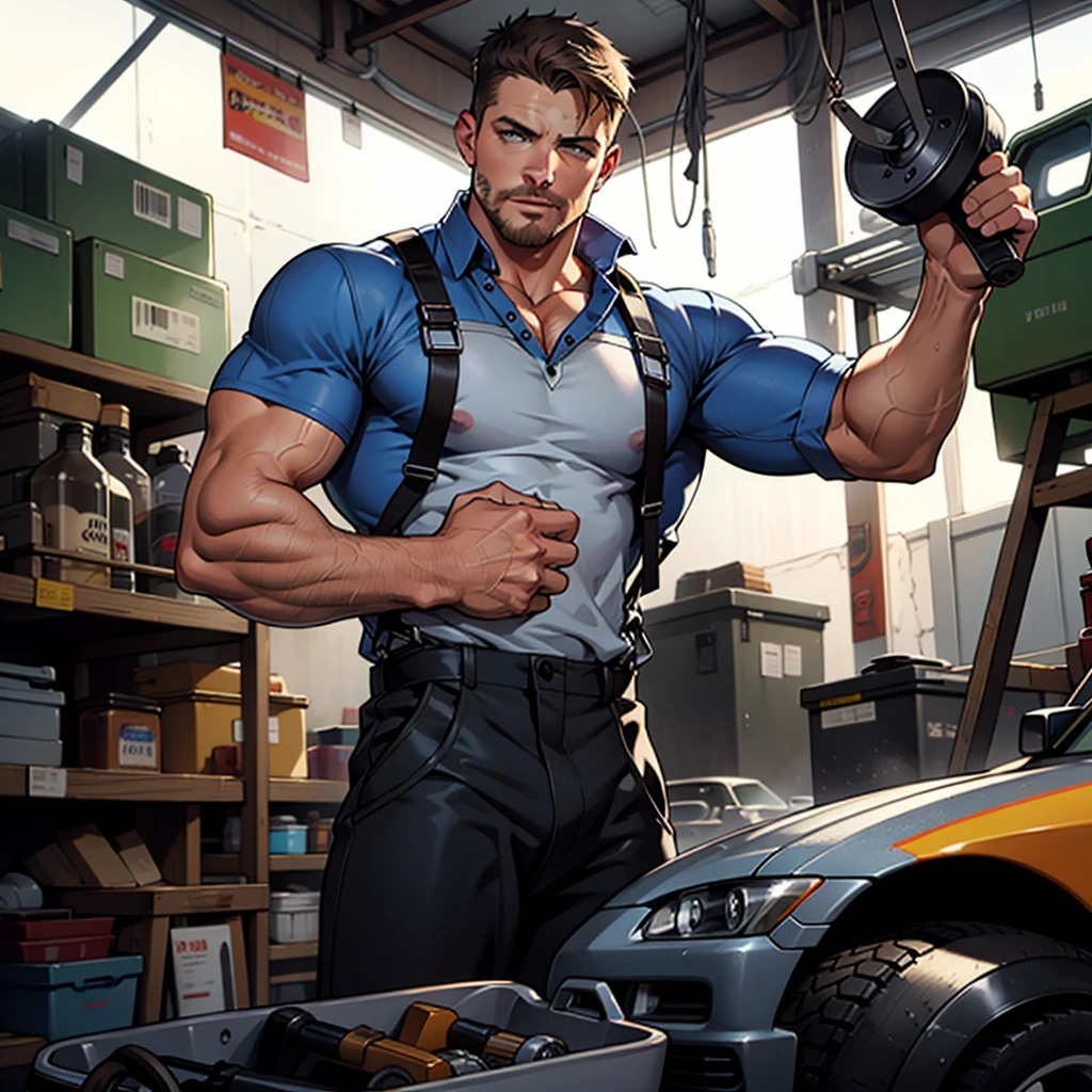 1 man, lean and mature, a hunk and handsome man, stephen amell as a mechanic, wearing totally unbuttoned overall, showing nipples, sweating, tight cloth, bulge, full body view, working on a car, best quality, 32k, masterpiece, very very detailed face, detailed fingers, detailed hands, detailed eyes, , background race cars, workshop, tools, mechanic tools, car mechanical stuff
