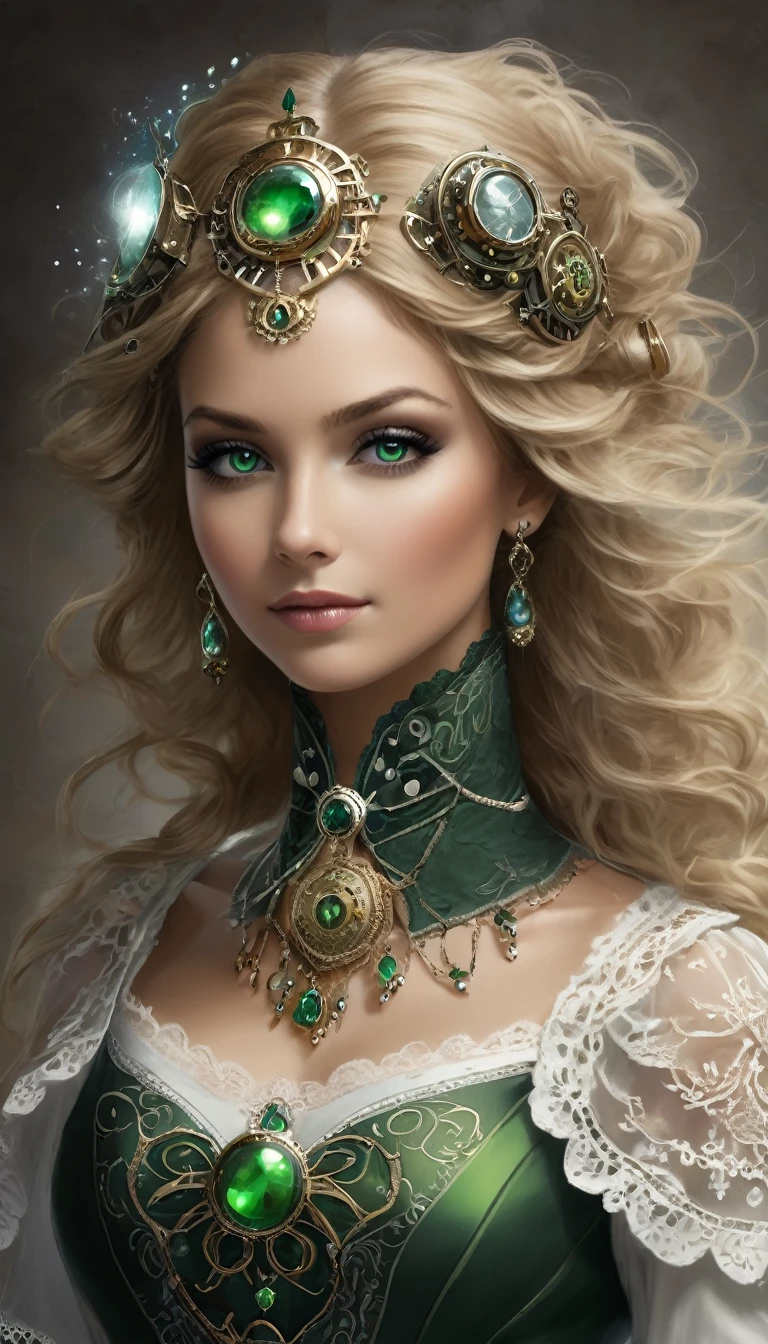 Un portrait hyperréaliste d’une sublime femme royale heureuse et rayonnante aux cheveux vert sombre foncé trèslong, portant une robe en dentelle blanche avec des accessoires steampunk, situé dans une pièce de style victorien avec des éléments mécaniques, poitrine volumineuse effet push-up , regard intense et sensuel , corps élancé, pose dynamique