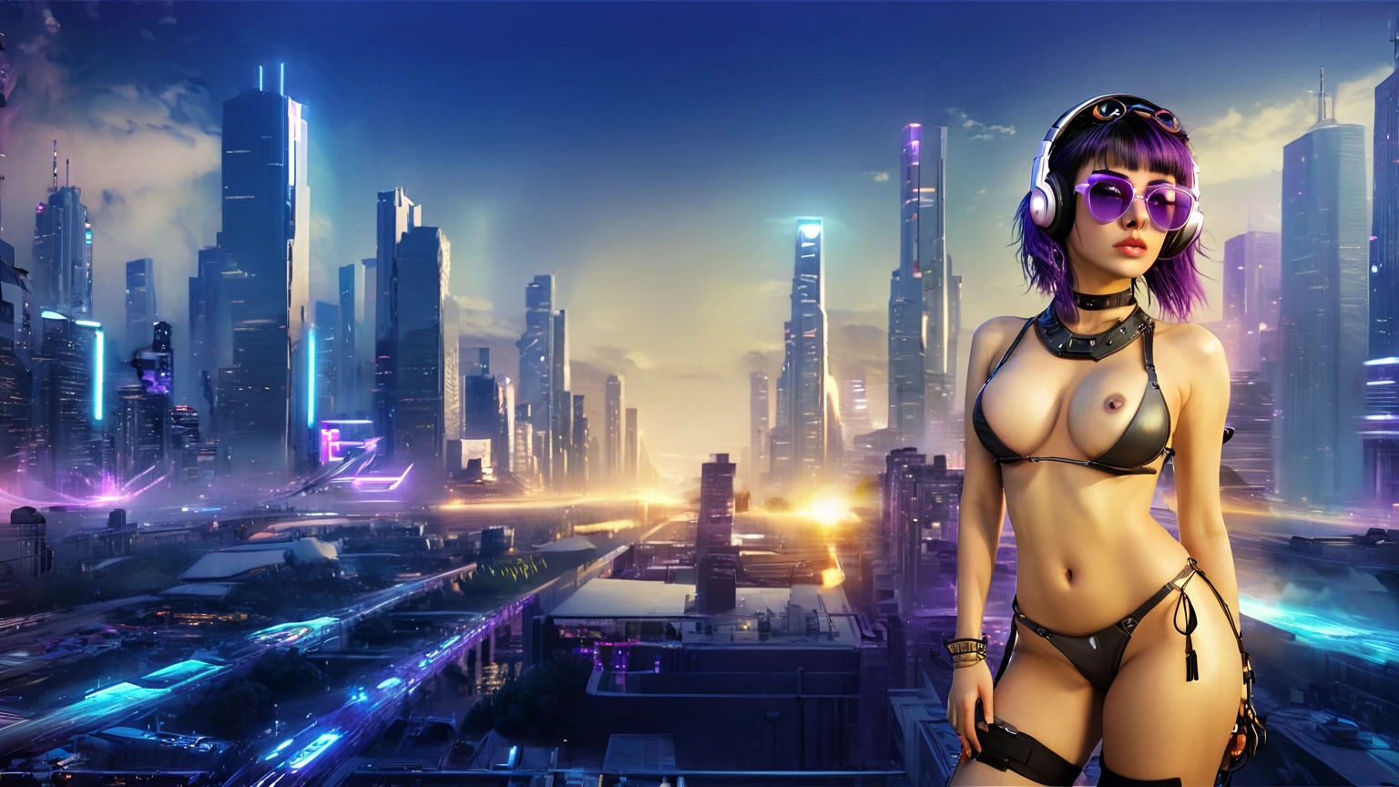 masterpiece, best quality, high resolution, 8k, (Portrait Photos:1.5), (R Original Photo), real picture, Digital Photography, (A fusion of cyberpunk and fantasy), 20 year old girl, solo, (((black sunglasses, headphone))), Feel free to hairstyle, Purple Eyes, By Bangs, (large breasts, cleavage, Accessories, Elegant and charming, Combination of cyberpunk and fantasy style clothing, Hollow carving design, Photo poses, Realistic style, (((((pistol shooting pose))))), oc render reflection texture, sentry, (((((Cyberpunk style future city))))), night, Bustling streets, (((((half-body (thigh level) medium shot))))).