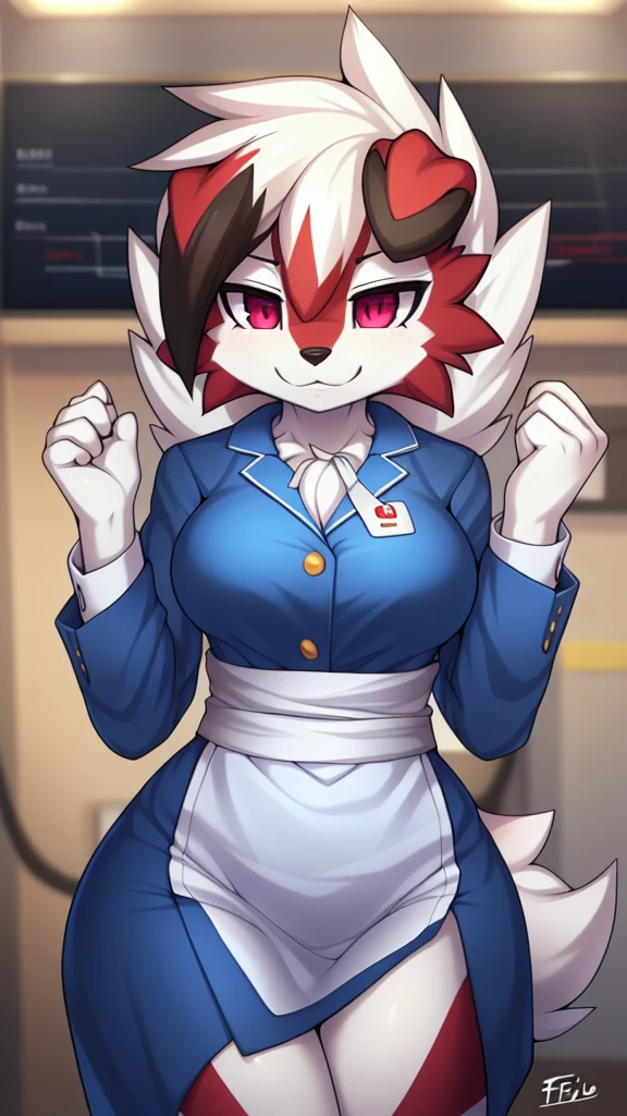 By zinfyu,by twistedscarlet60, uploaded on pixiv, by fluff-kevlar, (masterpiece), (best quality), (solo female:1.2), (extremely detailed:1.3),(detailed eye,black circle on eye,pink eye), lycanroc midnight, view on viewer, close view, shy face, half body on potrait, only body and head, close view, wearing doctor uniform, doctor costume, white uniform,hospital logo, hospital logo on uniforn, cosplaying,at home yard, (tail:1.1), closeup photo of lycanroc, adult body posture, 