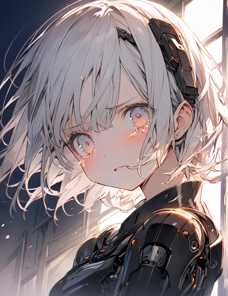 コクピットの中でThe white-haired girl cried sadly, Mechanical joints short hair