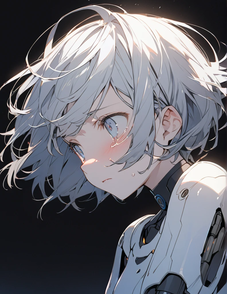 コクピットの中でThe white-haired girl cried sadly, Mechanical joints　short hair
