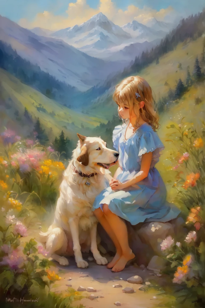 painting of a sitting on a rock with a dog, steve henderson, in style of steve henderson, inspired by mark keathley, by Mary Anne Ansley, beautiful painting of friends, by mark keathley, in a oil painting style, by Arthur Pan, adorable digital painting, by Brian Thomas, beautiful digital painting, oil digital painting