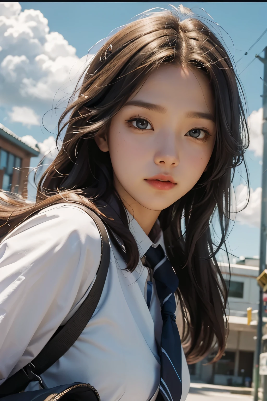 Close-up of poster of a person flying in the sky, movie promotional image, movie poster, Animated Poster Movie Still Portrait, (school uniform),Official Poster, Promotional poster, very - high - budget 영화, The girl is running,