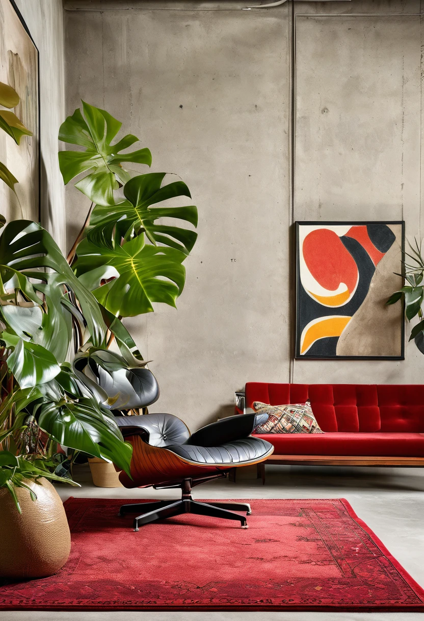 Exposed concrete room,Monstera ornamental products,Red rug,Beautiful Woman Sitting in an Eames Chair