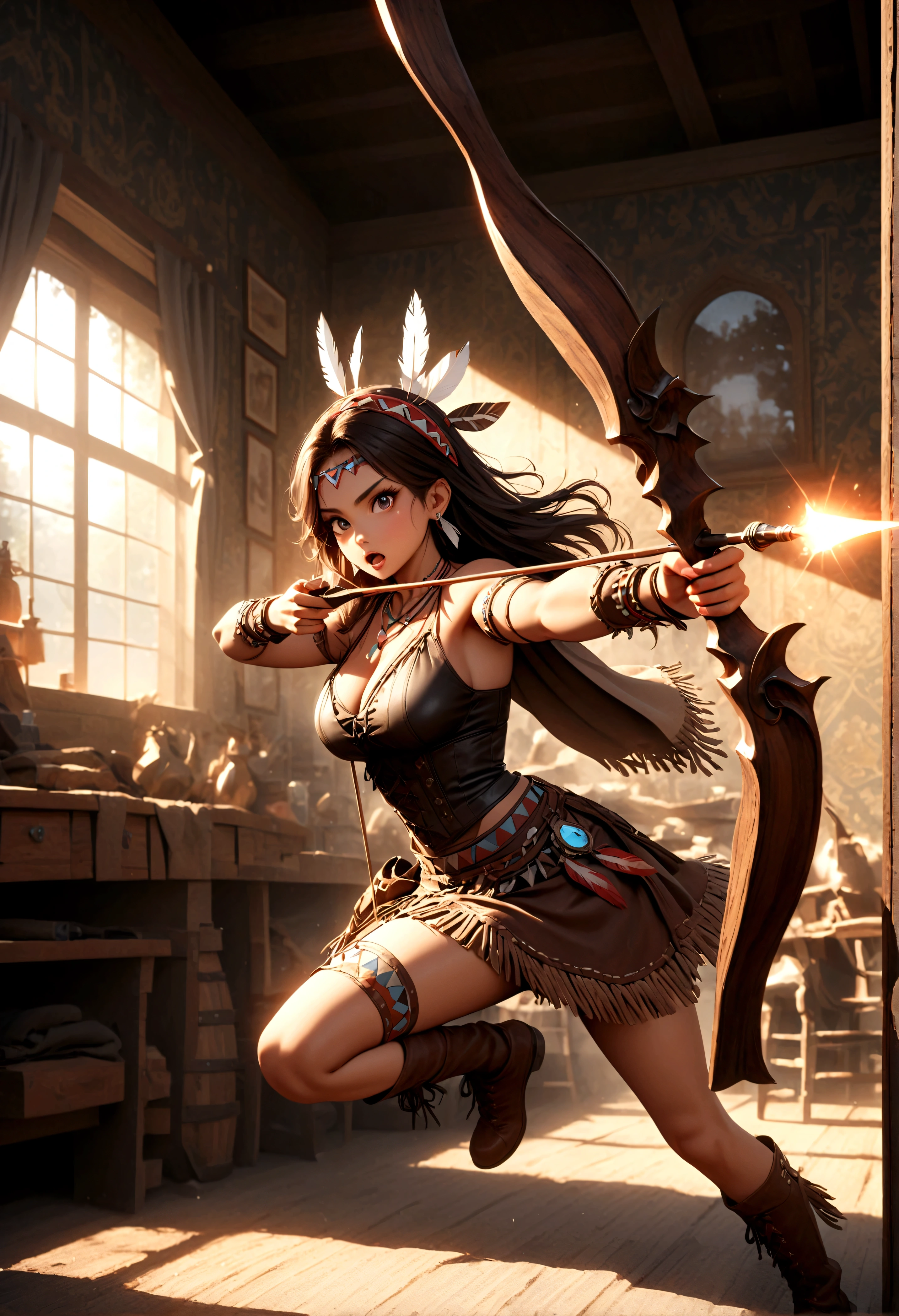 quality\(8k,wallpaper of extremely detailed CG unit, ​masterpiece,hight resolution,top-quality,top-quality real texture skin,hyper realisitic,increase the resolution,RAW photos,best qualtiy,highly detailed,the wallpaper,cinematic lighting,ray trace,golden ratio\), BREAK ,Native American female archer\(cute,beautiful,age of 18,muscular,(aiming a wooden bow:1.5),dark skin,dark floating hair,dark shiny eyes,big eyes,face with strong will,leather dress\(fringe, glass beads\),indian cape\(fringe, glass beads\), war bonnets\(Native American feather crown\),shiny dark fresh skin,breast,necklace\(lots of fangs),indian moccasins,glass bead earrings) riding on the white horse, BREAK ,background(outside,American wilderness,western era),Dynamic action poses, dynamic angles, looking at viewer,(long shot:1.5),(wide shot)
