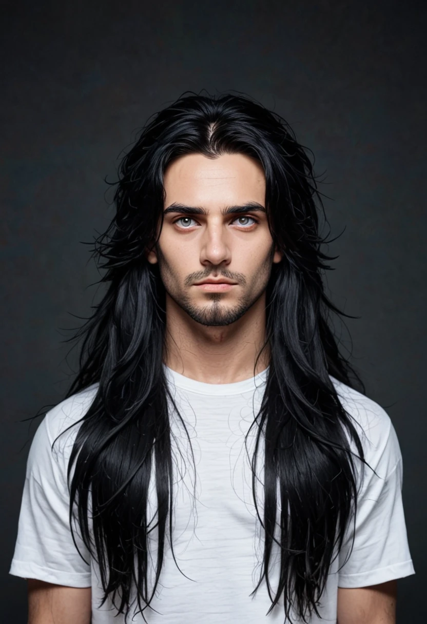 arafed man with long black hair and a beard wearing a white shirt, with long hair and piercing eyes, with long hair, with his long black hair, large eyes and flowing long hair, with long dark hair, young with long hair, very long and unkempt hair, long spiky fluffy smooth hair, with long black hair, long dark hair, Dyrroth from Mobile Legends Bang Bang