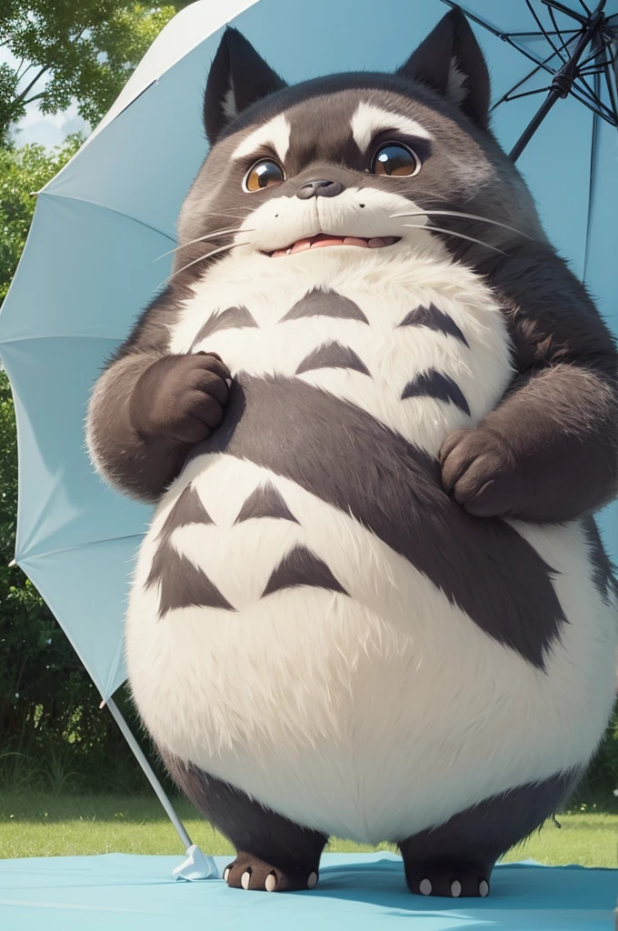 In its 2D representation, Totoro is generally portrayed as a large, round being., with a shape that resembles a cross between a cat and a raccoon. He has big, expressive eyes, pointy ears that resemble leaves, and a kind smile. Their coat is usually bluish gray, with a white belly and white stripes on the back. Totoro is also often depicted holding a blue umbrella., which has become an iconic symbol of the film. Their appearance is designed to convey a sense of kindness, calm and mystery, reflecting his nature as a nature spirit in the story.