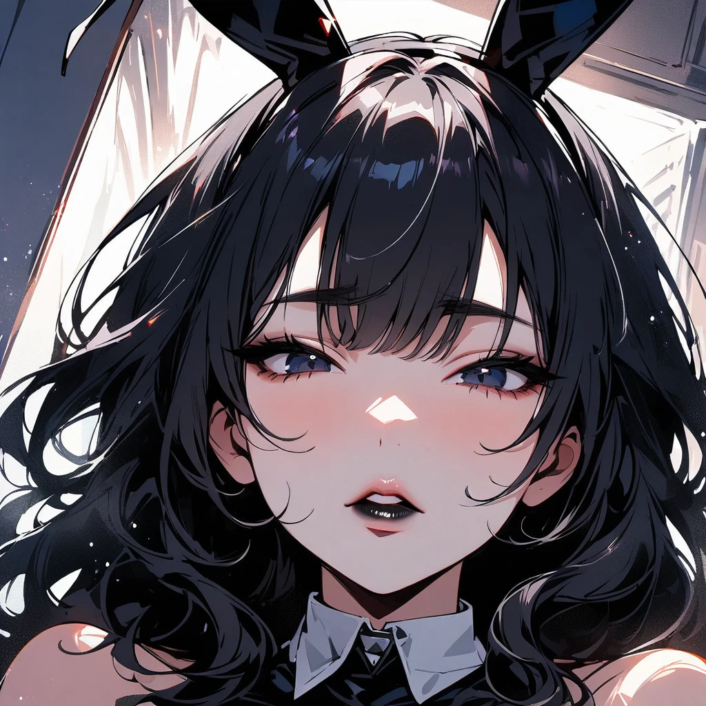(high quality, 8k, 4K, high contrast, artwork:1.2, high quality, best aesthetics), (dynamic angle), ((1 woman)), erotic, sensual, mature body, super detailed, beautiful face detailed, beautiful eyes detailed, detailed beautiful mouth, sexy body, perfect breats, (long black wavy hair), (black eyes), (sexy expression), (penetrating gaze), (black lipstick), (black eyeliner), (black eyeshadow), (black sleeveless bodycon costume), (black sexy playboy bunny suit), (black bunny ears), (close-up), (focus on face), (centered), (looking at the viewer), (inside a bedroom)