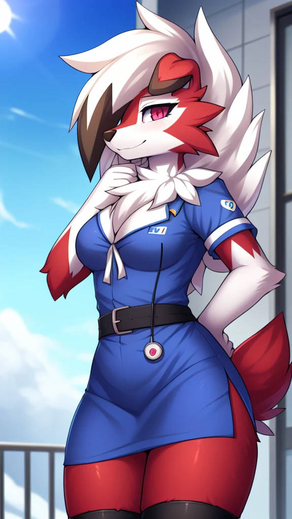 By zinfyu,by twistedscarlet60, uploaded on pixiv, by fluff-kevlar, (masterpiece), (best quality), (solo female:1.2), (extremely detailed:1.3),(detailed eye,black circle on eye,pink eye), lycanroc midnight, view on viewer, close view, shy face, half body on potrait, only body and head, close view, wearing doctor uniform, doctor costume, white uniform,hospital logo, hospital logo on uniforn, cosplaying,at home yard, (tail:1.1), closeup photo of lycanroc, adult body posture, 