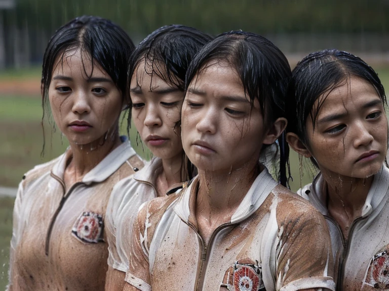 (A plain white short sleeved dirt stained field hockey uniform with a very tight white half zip:1.7)、(A large, dirt-stained, white, square collar: 1.6)、(Red clay ground:1.5)、My hair is wet and messy、(Beautiful Japanese woman covered in dirt:2.2)、Highest quality, masterpiece, Ultra-high resolution, Photorealistic, Raw Photos,Detailed face,(All women with muscular arms:2.0), (Fastener open: 1.8), (Upper body zoom up:1.0),(Everyone wears the same clothes:1.0), All members are super beauties, (Three beautiful Japanese women standing in a row facing the camera: 1.5), (Hair tied up: 1.4), (Exhausted expression: 2.4), Bright photo, (Soaked from head to torrential rain: 1.8)
