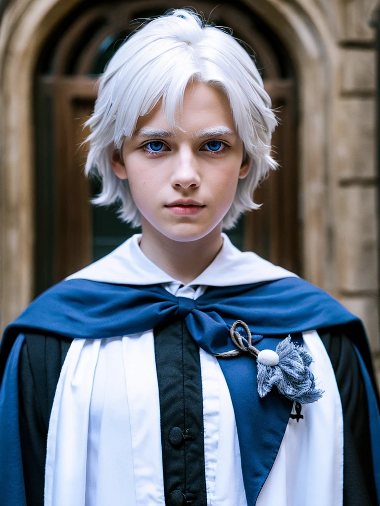 Boy White hair Blue eye Hogwarts black uniform 