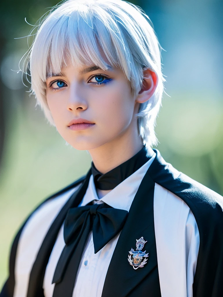 Boy White hair Blue eye Hogwarts black uniform