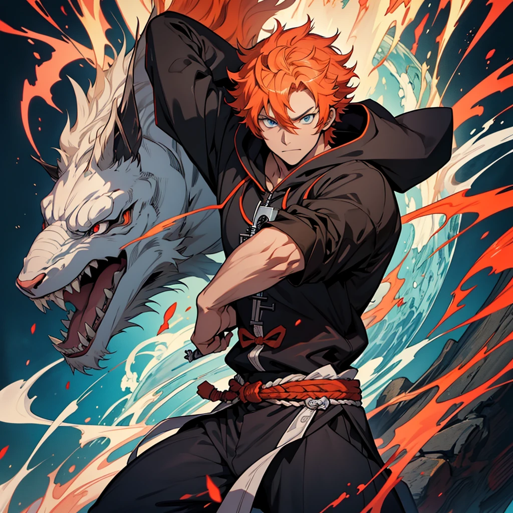 only one man in a black hoodie, orange - haired anime boy, kentaro miura manga art style, handsome guy in demon slayer art, zhongli from genshin impact, key anime art, male anime character, keqing from genshin impact, taisho roman, key anime visuals, jin kagetsu, nagito komaeda, shikanosuke yagaki, young anime man, tall anime guy with blue eyes