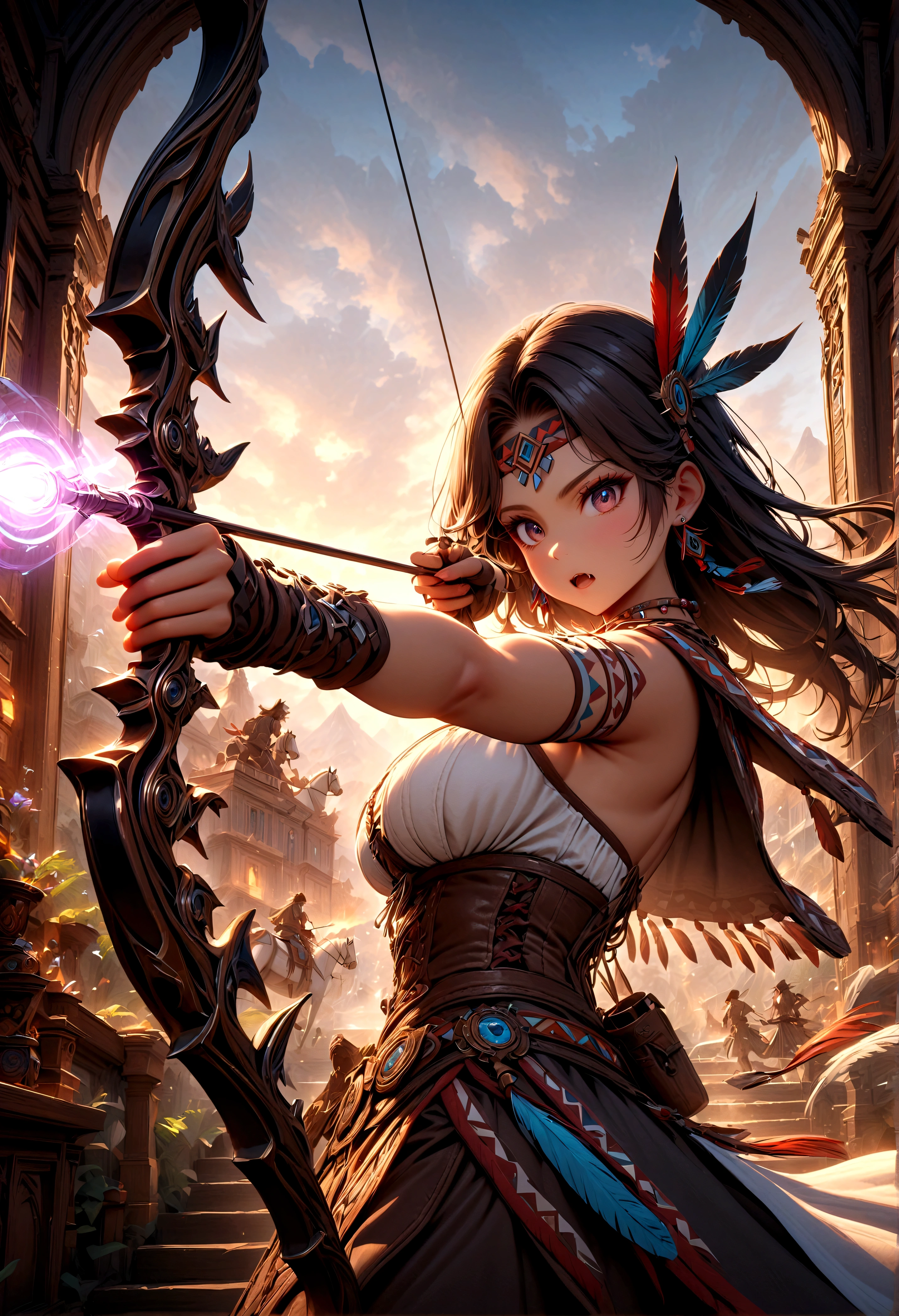 quality\(8k,wallpaper of extremely detailed CG unit, ​masterpiece,hight resolution,top-quality,top-quality real texture skin,hyper realisitic,increase the resolution,RAW photos,best qualtiy,highly detailed,the wallpaper,cinematic lighting,ray trace,golden ratio\), BREAK ,Native American female archer\(cute,beautiful,age of 18,muscular,(aiming a wooden bow:1.5),dark skin,dark floating hair,dark shiny eyes,big eyes,face with strong will,leather dress\(fringe, glass beads\),indian cape\(fringe, glass beads\), war bonnets\(Native American feather crown\),shiny dark fresh skin,breast,necklace\(lots of fangs),indian moccasins,glass bead earrings) riding on the white horse, BREAK ,background(outside,American wilderness,western era),Dynamic action poses, dynamic angles, looking at viewer,(long shot:1.5),(wide shot)