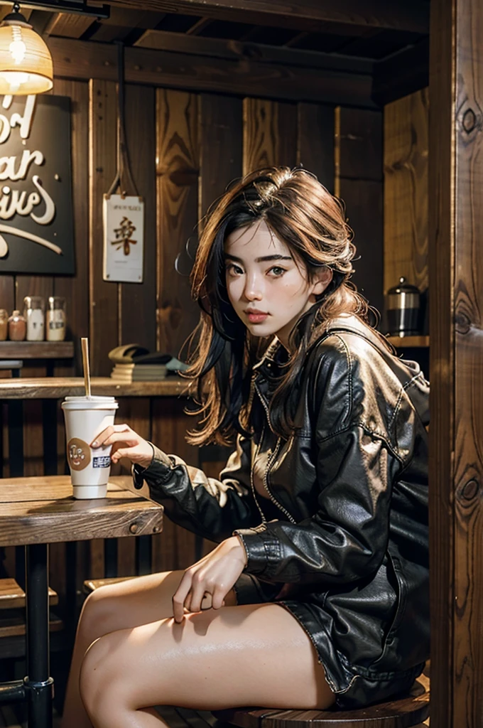 Best quality, masterpiece, ultra high res, (photorealistic:1.4), raw photo, 1girl, waist up, in coffeeshop, deep shadow, dark theme. Sitting and eating noodles in a shop made of wood, wooden chairs, wooden tables. There were 6 people in the noodle shop. There was an old man with white hair, fat, and kind-looking face, who was standing there making noodles.