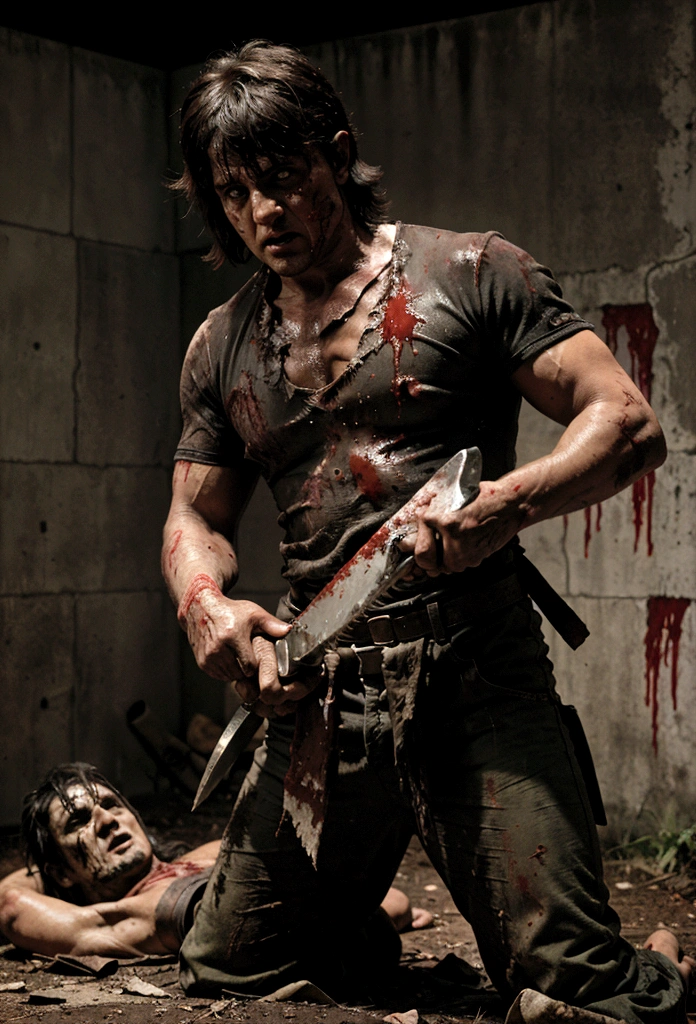 Rambo, Coming face to face with leatherface, Rambo with a knife in his hand stabbing him and leatherface with a chainsaw and covered in blood and guts on the ground