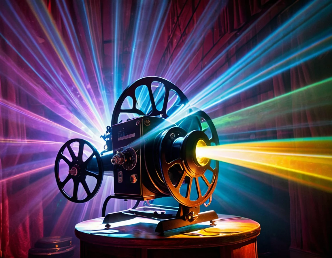 A captivating scene featuring a vintage film projector with large reels, projecting a colorful light beam. The beam is filled with vibrant, swirling colors and patterns, creating a dynamic and magical effect. The background is dark, enhancing the contrast and making the projector and light beam the focal point of the image. The overall atmosphere is nostalgic and mesmerizing, capturing the essence of classic cinema with a modern twist.