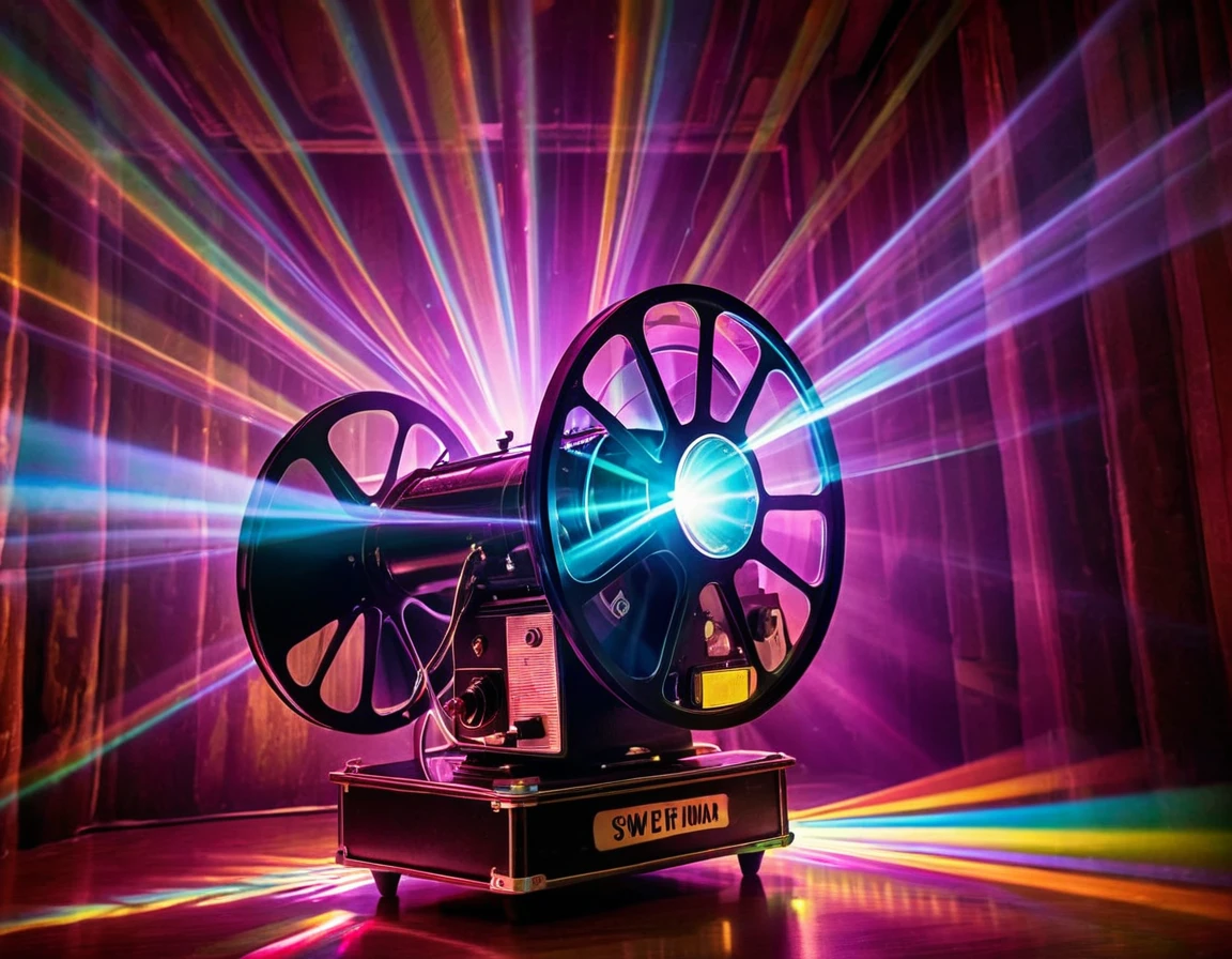 A captivating scene featuring a vintage film projector with large reels, projecting a colorful light beam. The beam is filled with vibrant, swirling colors and patterns, creating a dynamic and magical effect. The background is dark, enhancing the contrast and making the projector and light beam the focal point of the image. The overall atmosphere is nostalgic and mesmerizing, capturing the essence of classic cinema with a modern twist.