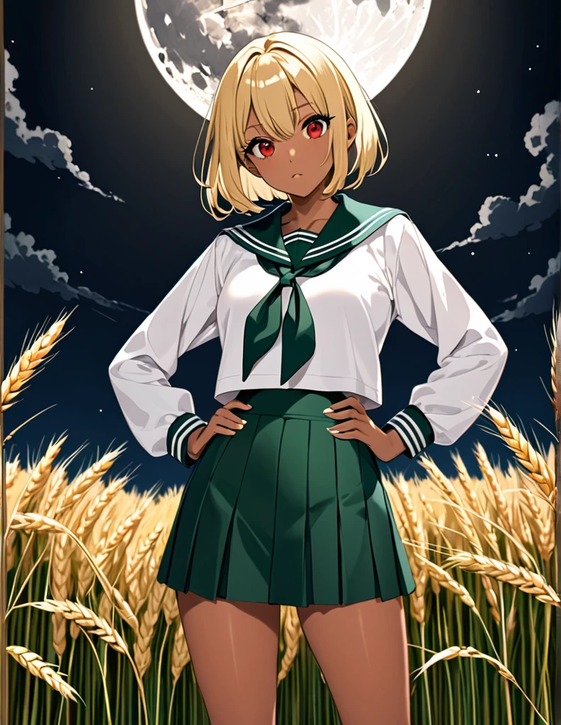 Highest quality, masterpiece, Ultra-high resolution, One girl,

blondes、Smooth Hair、Two-tone hair、Bobcut、Red Eyes、Sparkling Eyes、Detailed eyes、Slanted Eyes、Tanned, wheat-colored skin、Brown Skin、Traditional deep green sailor suit、White socks、loafers、Standing with your legs apart、Arms crossed、Confident expression、A fantastic atmosphere、full moon、White Moon、Perfect proportions