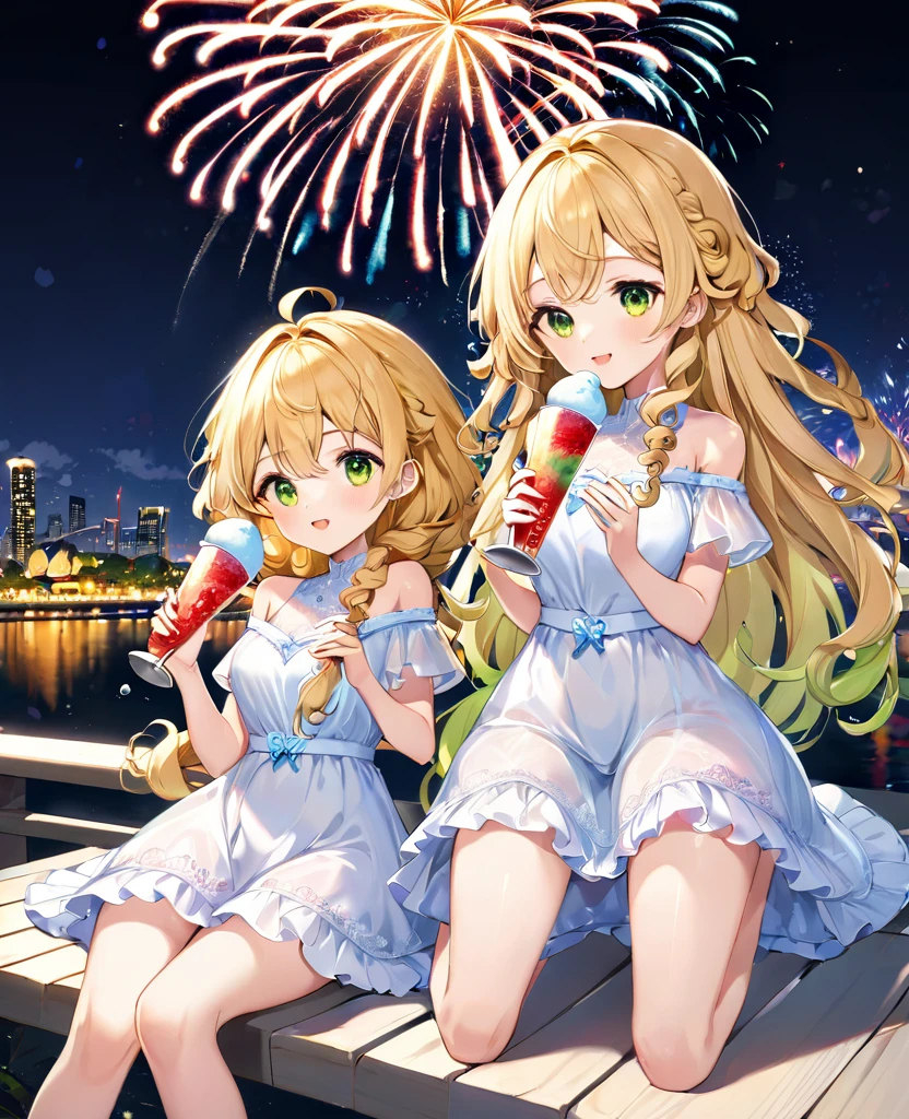 (masterpiece, best quality:1.2), (absurdres, highres, ultra-detailed), (perfect anatomy), 
Cute Girls、Sitting、Holding in hand、shaved ice、Blonde、Curly long hair、Yellow-green eyes、White dress、Background sparkling fireworks、night、heart、

