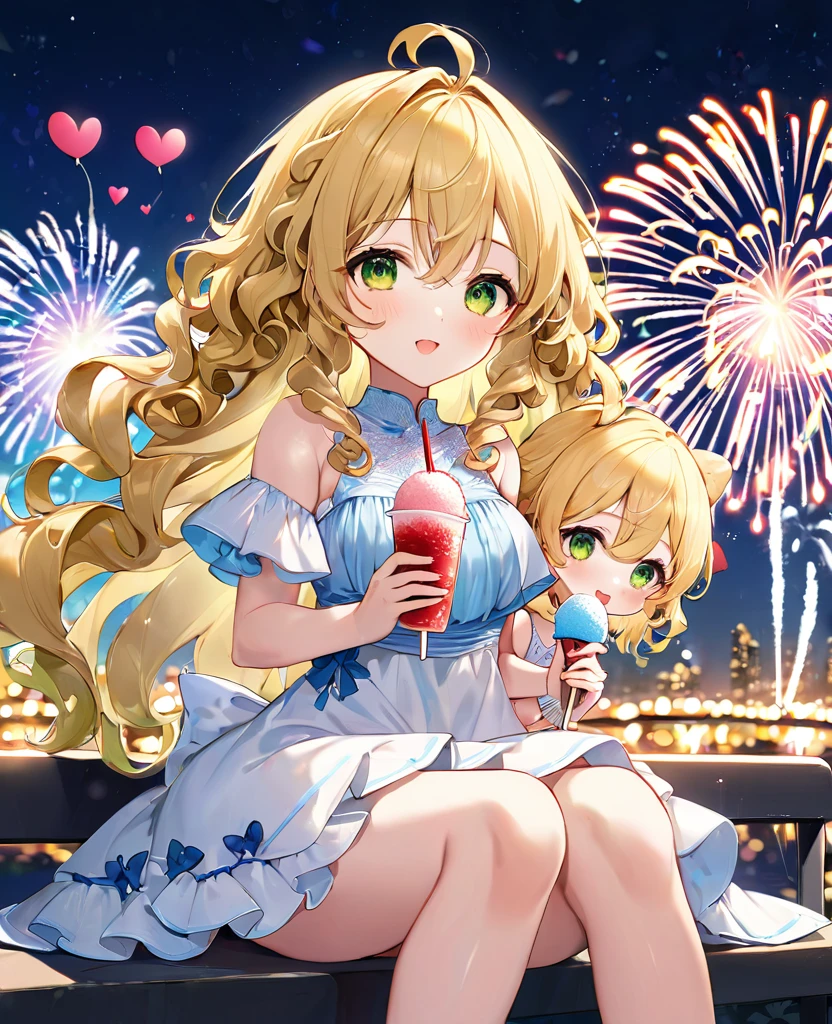 (masterpiece, best quality:1.2), (absurdres, highres, ultra-detailed), (perfect anatomy), 
Cute Girls、Sitting、Holding in hand、shaved ice、Blonde、Curly long hair、Yellow-green eyes、White dress、Background sparkling fireworks、night、heart、

