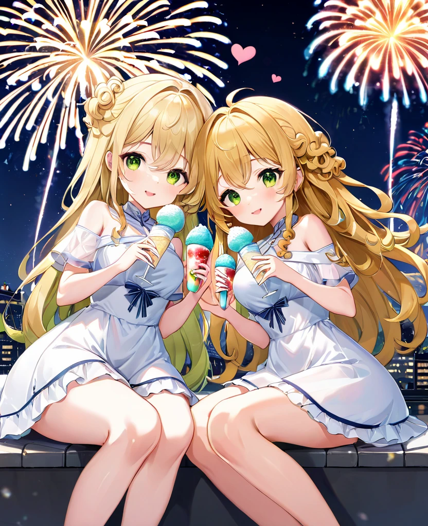 (masterpiece, best quality:1.2), (absurdres, highres, ultra-detailed), (perfect anatomy), 
Cute Girls、Sitting、Holding in hand、shaved ice、Blonde、Curly long hair、Yellow-green eyes、White dress、Background sparkling fireworks、night、heart、

