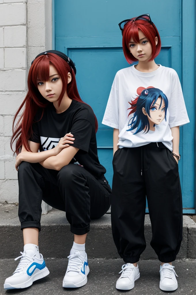 female anime character, hair like red, black t-shirt in the middle of blue, black pantaloon, White shoes, a frog on the head,