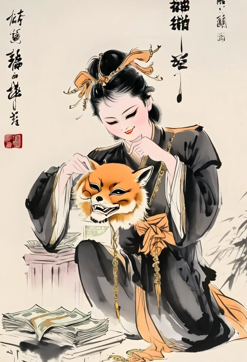 Chinese Ink Painting, Traditional Media, Semi-transparent body
Golden smoke flowing
Dangling golden chains
Fox mask
Countless hands holding money and contracts
Shadowy, elusive figure
Sly grin beneath mask
Corrupt politician's setting
Whispering deals
Hidden transactions